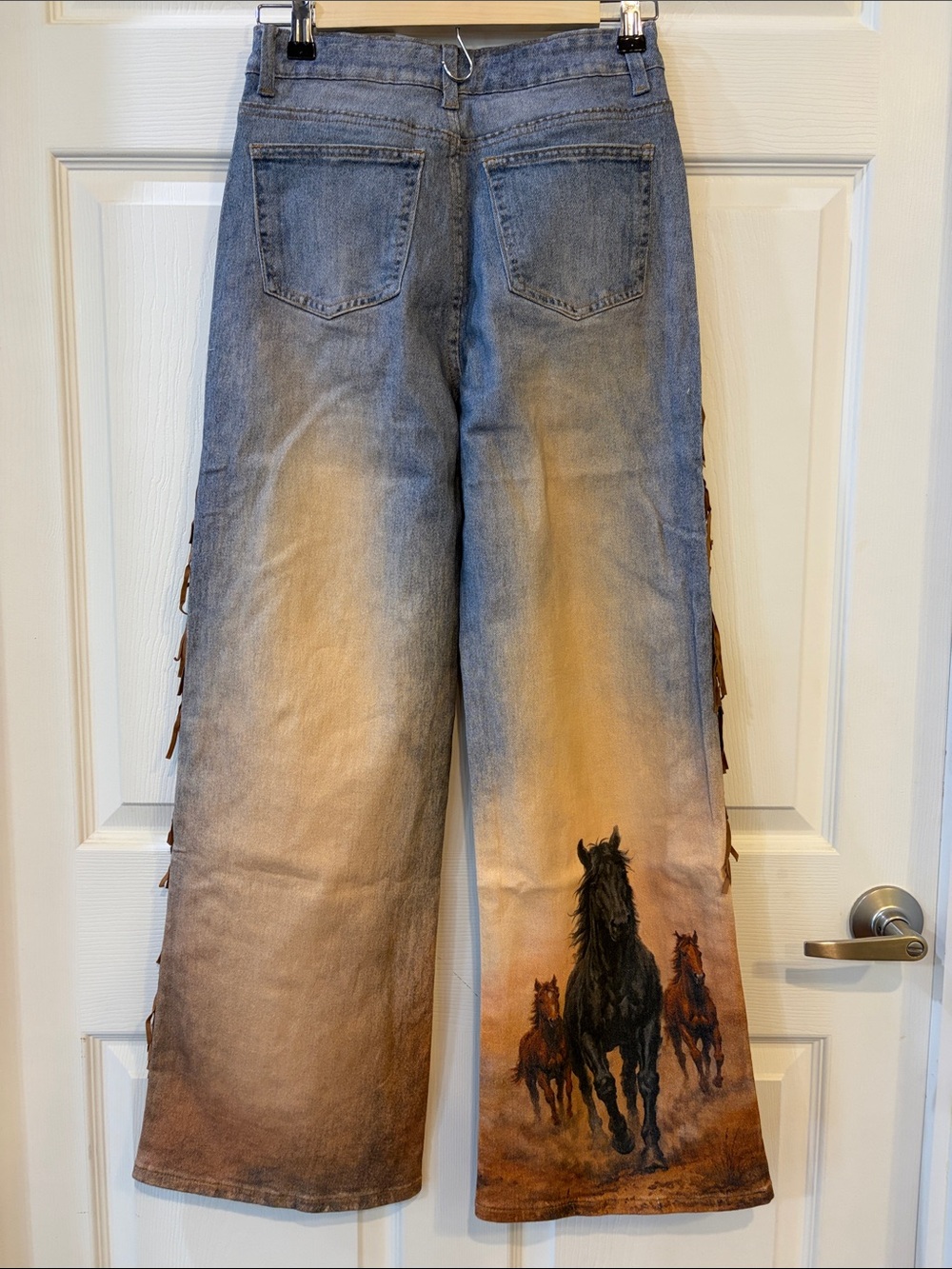 BNWT Western Brown & Black Horse Print Fringe Wide Leg Jeans - Picture 7 of 7